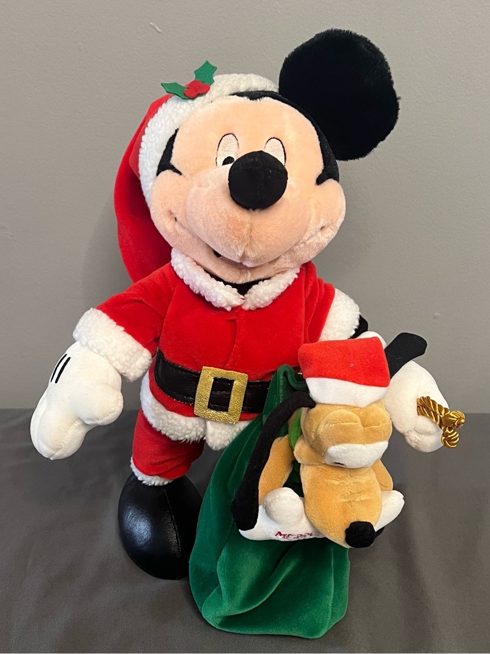 Disney Santa Mickey Mouse Plush W/ Pluto In Sack Holiday Decor 15.5” Retired